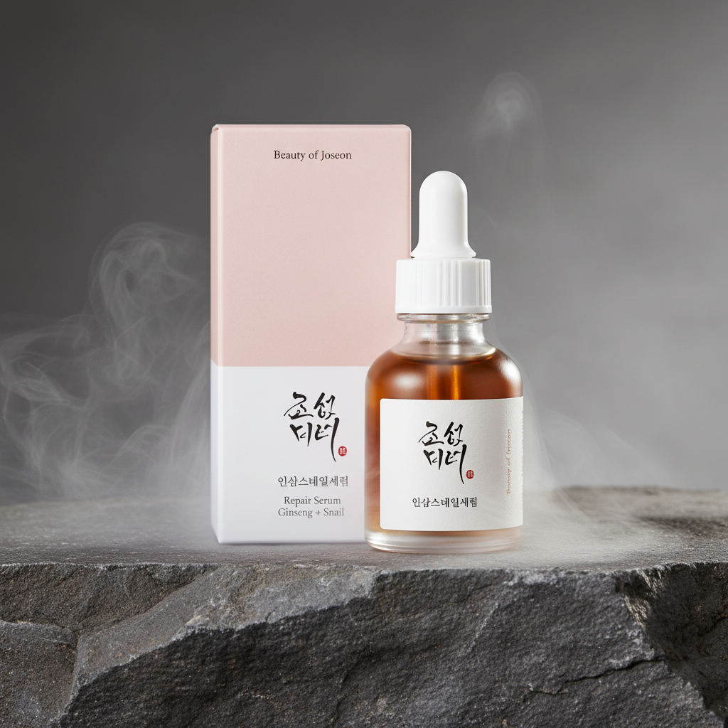Serum bottle with dropper and packaging labeled 'Beauty of Joseon' on a white background