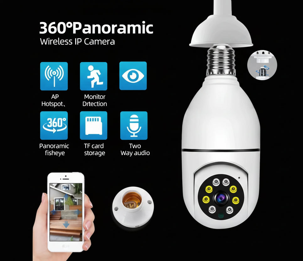 360° WiFi Light Bulb Camera E27 – Smart Home Security CCTV with Night Vision