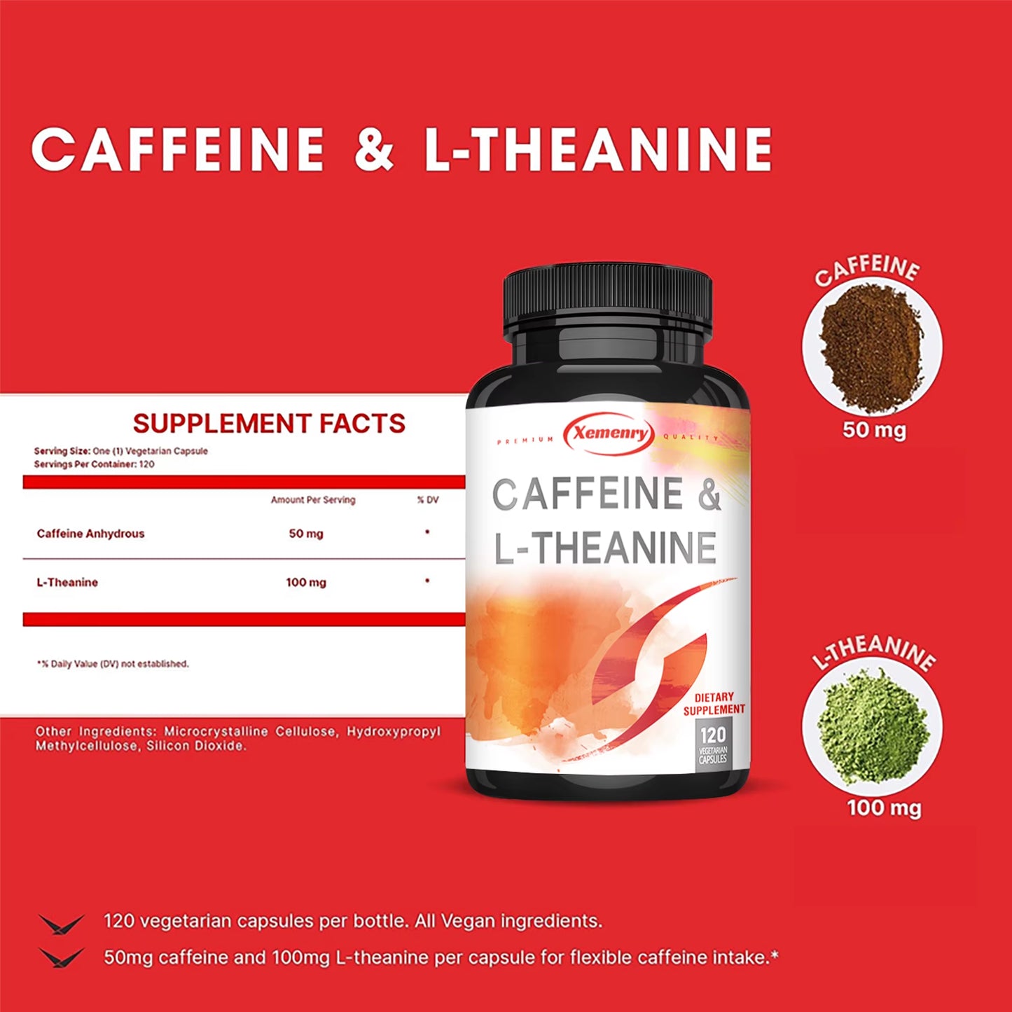 Caffeine & L-Theanine Capsules - Enhances Energy Levels, Focus and Concentration - 120 Capsules