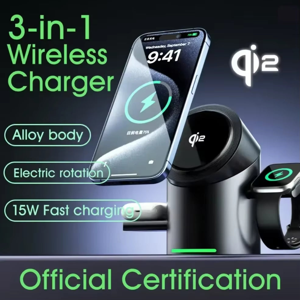2026 Upgrade Qi2 3 in 1 Magnetic Touch Button Wireless Charger Tempered Glass Surface for Iphone17 16 15 Iwatch Airpods Android