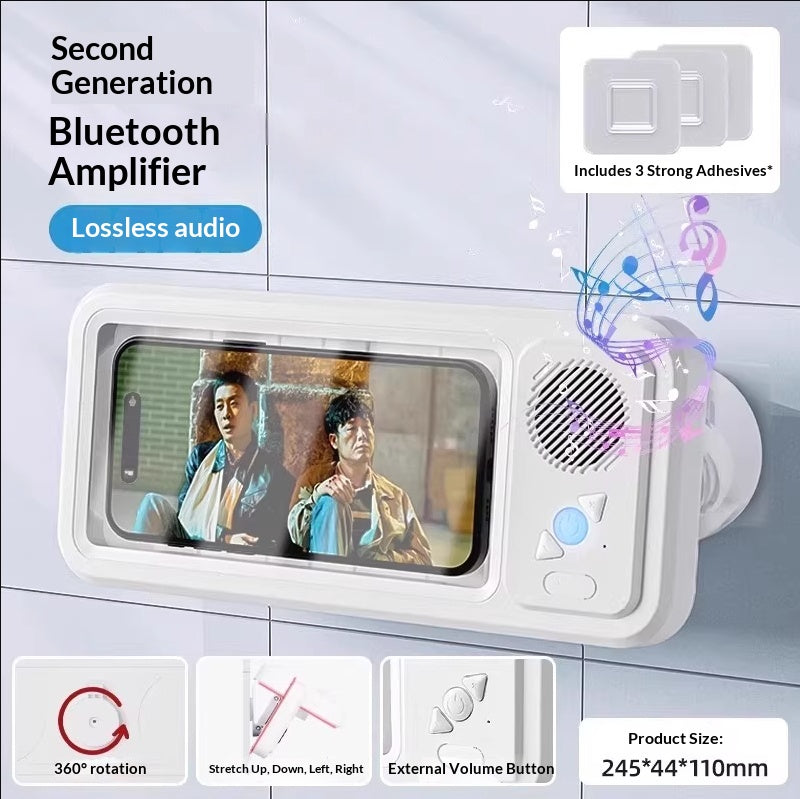 Waterproof Phone Box with Bluetooth Speaker – 360° Rotating Bath & Shower Stand