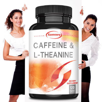 Caffeine & L-Theanine Capsules - Enhances Energy Levels, Focus and Concentration - 120 Capsules