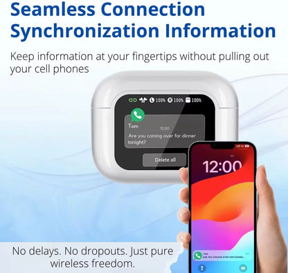 Wireless Earphone with Touchscreen Display Charging Case ANC & Encdual Mic Stereo Sound Earbuds In-Ear Detection Ear Bud