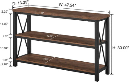 Rustic Industrial Sofa Table with Shelves – 47” Living Room Accent Table