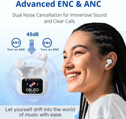 Wireless Earphone with Touchscreen Display Charging Case ANC & Encdual Mic Stereo Sound Earbuds In-Ear Detection Ear Bud