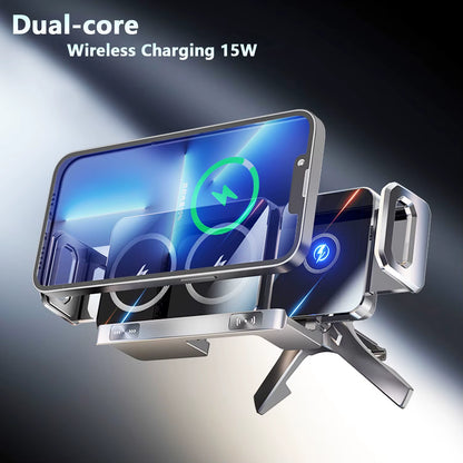 Dual Coil Foldable Phone Holder Car Wireless Charger Universal Car Phone Mount Fast Charging for Samsung Iphone Xiaomi Z Fold
