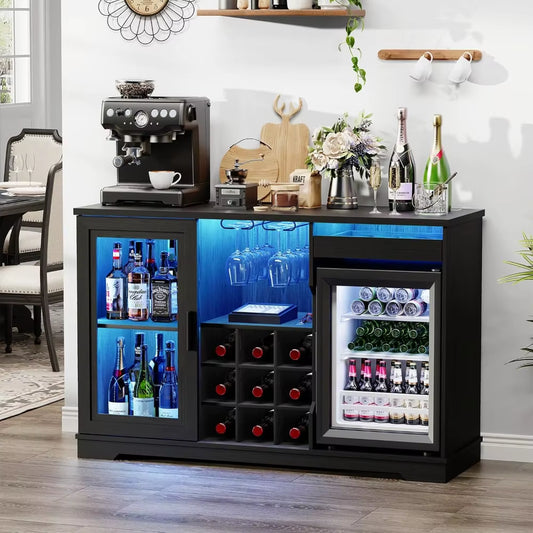 Wine Bar Cabinet with Fridge (Included), Liquor Coffee Cabinet with LED Lights & Rack, Mini Fridge Cabinet with Storage, Human B