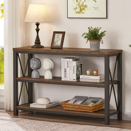 Rustic Industrial Sofa Table with Shelves – 47” Living Room Accent Table