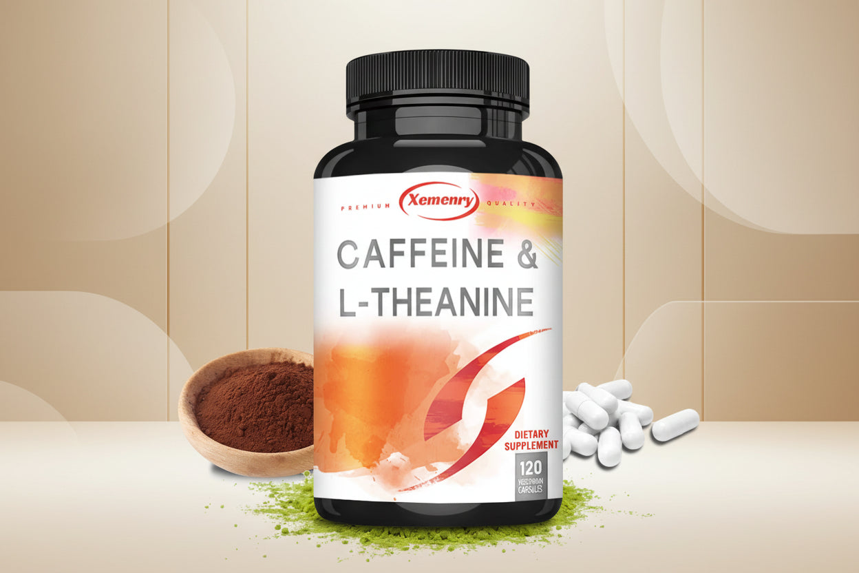 Caffeine & L-Theanine Capsules - Enhances Energy Levels, Focus and Concentration - 120 Capsules