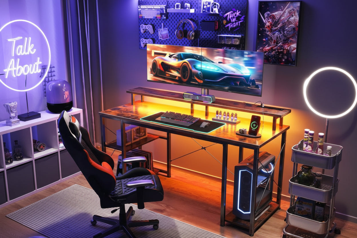 48” Gaming Desk with LED Lights & Power Outlets – Modern RGB Computer Desk