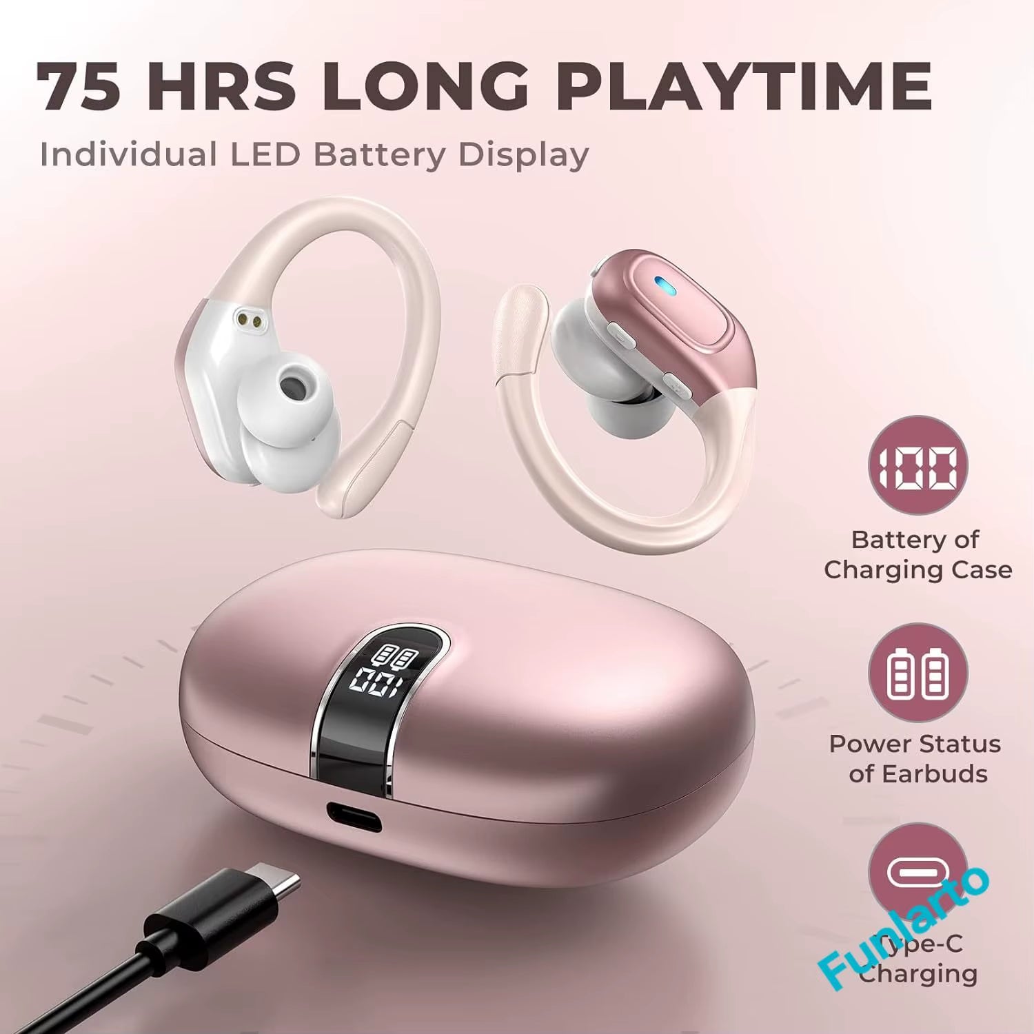 Sport Bluetooth 5.3 Earphones Earhook Headphones IPX7 Waterproof Wireless Earbuds 75 Hrs with LED Power Display Physical Buttons