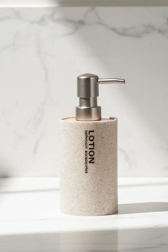 Modern Soap Dispenser – Silver/Beige 350ml Metal & Bamboo