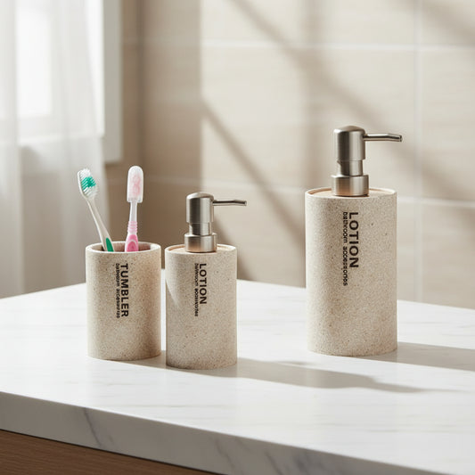 Modern Soap Dispenser – Silver/Beige 350ml Metal & Bamboo