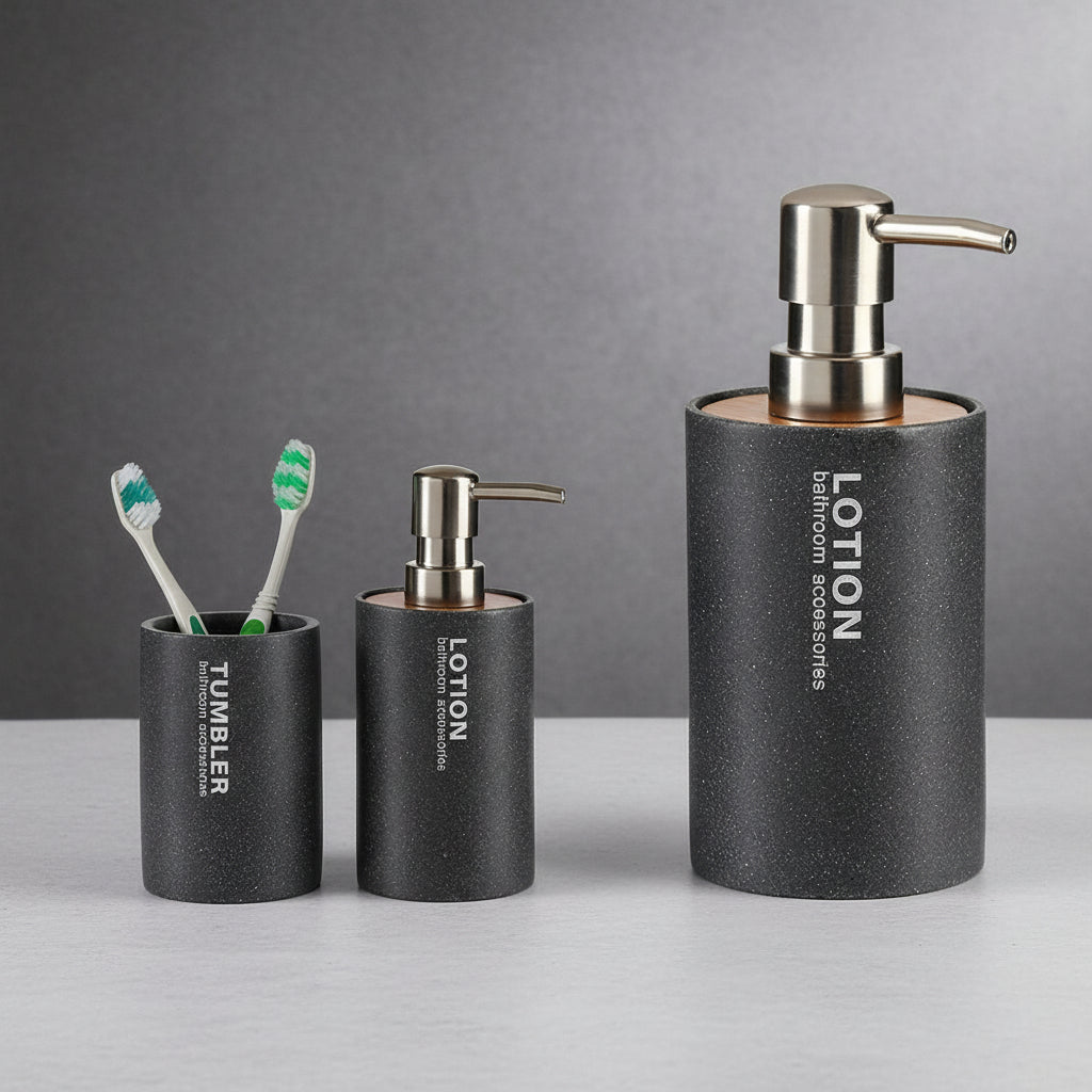 EcoStyle™ Grey Soap Dispenser – Metal, Resin & Bamboo (350ml)
