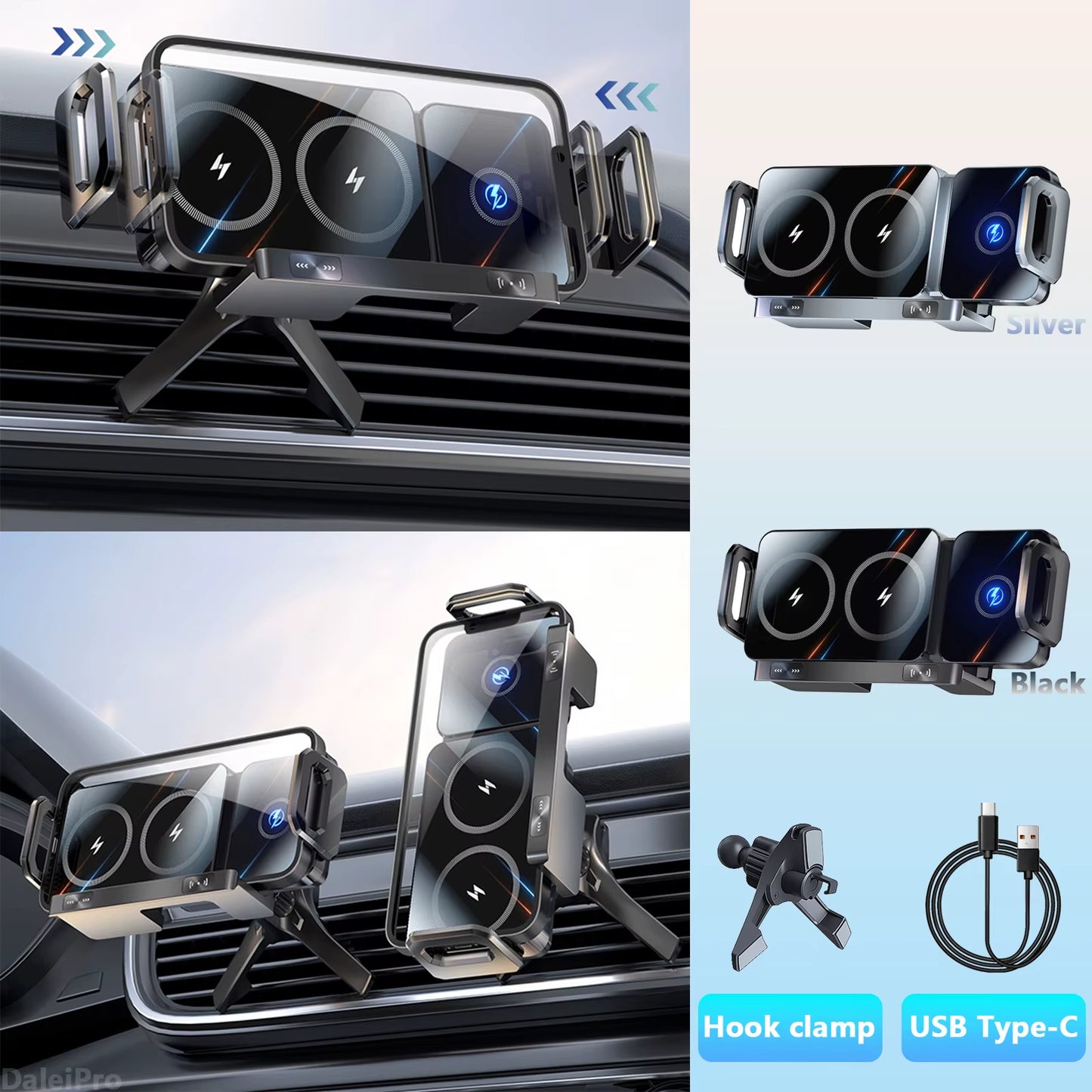 Dual Coil Foldable Phone Holder Car Wireless Charger Universal Car Phone Mount Fast Charging for Samsung Iphone Xiaomi Z Fold