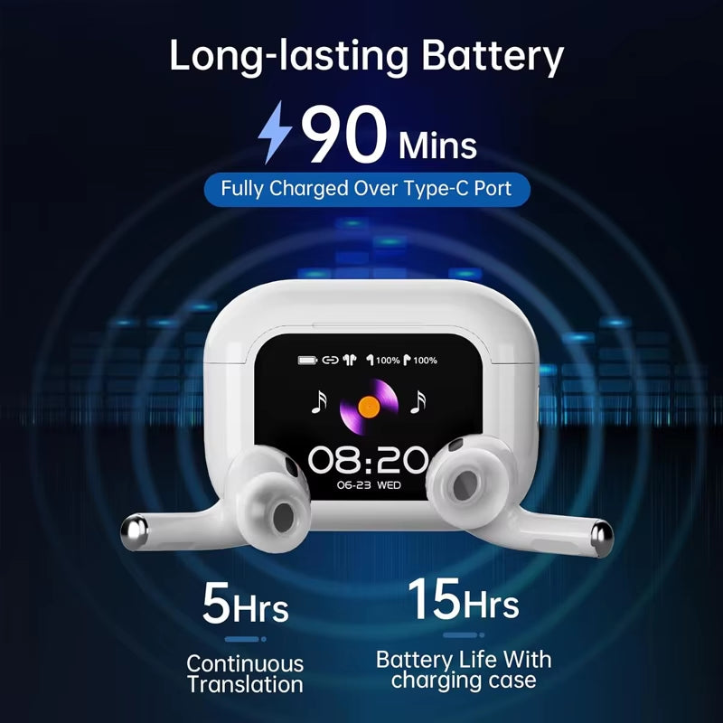 Wireless Earphone with Touchscreen Display Charging Case ANC & Encdual Mic Stereo Sound Earbuds In-Ear Detection Ear Bud