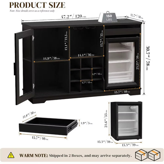 Wine Bar Cabinet with Fridge (Included), Liquor Coffee Cabinet with LED Lights & Rack, Mini Fridge Cabinet with Storage, Human B