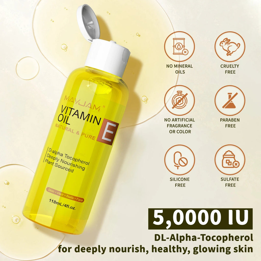 MAYJAM Ulei Pur de Vitamina E – Hidratare & Hrănire pentru Față, Păr, Unghii & Corp | 118ml/236ml