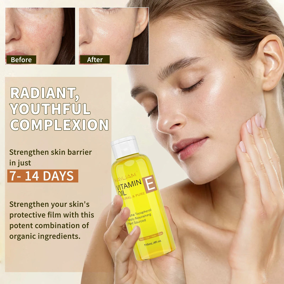 MAYJAM Ulei Pur de Vitamina E – Hidratare & Hrănire pentru Față, Păr, Unghii & Corp | 118ml/236ml