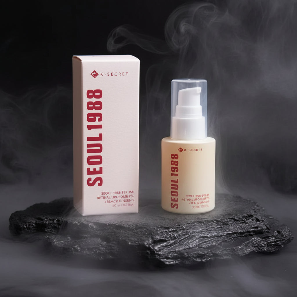 K-SECRET Seoul 1988 Skincare – Ser Ginseng, Retinol, Colagen & Esență Orez | Spumă Curățare, Protecție Solară & Demachiant | Feminin