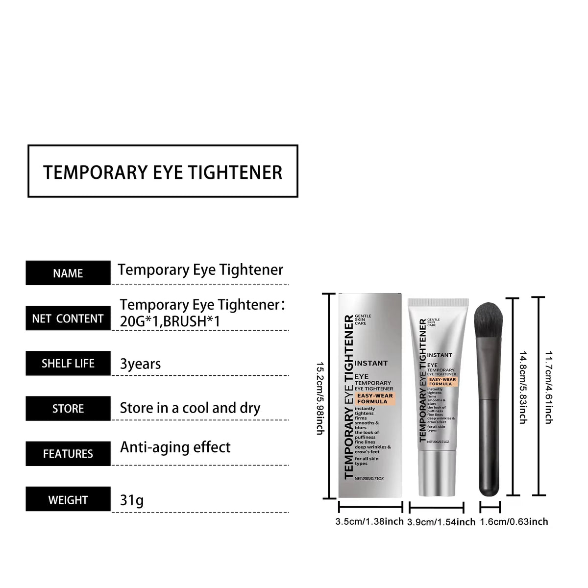 Hoygi Instant Eye Care Cream cu Pensula – Acid Hialuronic, Retinol, Colagen, Vitamina E | Anti-Rid, Puffiness & Cerculețe | Unisex