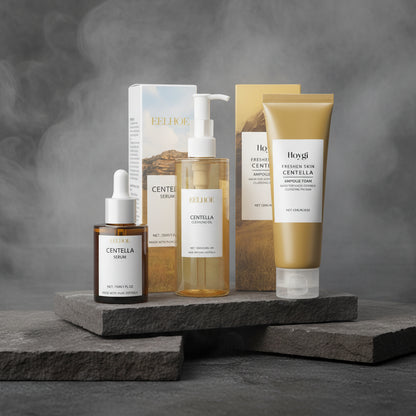 eelhoe Centella Skincare Set 3 produse – Ulei Demachiant 100ml + Spumă Ampoule 120g + Ser 30ml | Reparare Barieră & Calmare | CPNP