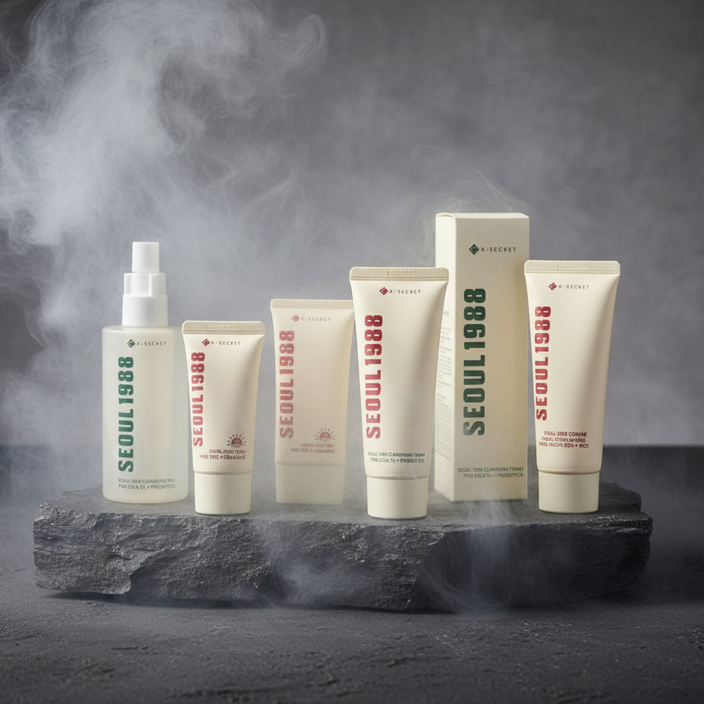 K-SECRET Seoul 1988 Skincare – Ser Ginseng, Retinol, Colagen & Esență Orez | Spumă Curățare, Protecție Solară & Demachiant | Feminin