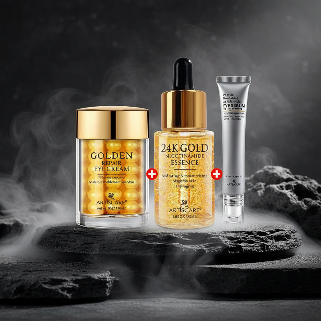ARTISCARE 24K Gold Serum Set 3pcs – Esență Față + Cremă Ochi + Ser Ochi Roller | Niacinamidă & Peptide | CPNP