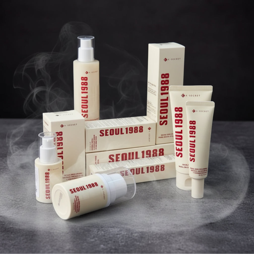 K-SECRET Seoul 1988 Skincare – Ser Ginseng, Retinol, Colagen & Esență Orez | Spumă Curățare, Protecție Solară & Demachiant | Feminin