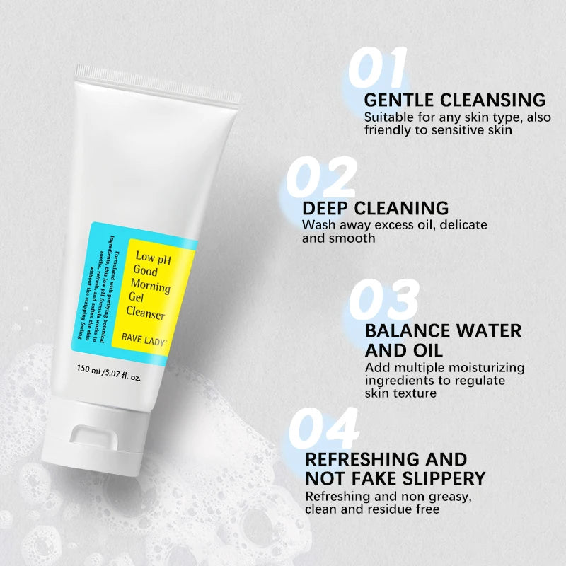 RAVE LADY Low PH 150ml Facial Cleanser Gentle Oil Control Moisturizing Face Wash Whitening Facial Foam Exfoliating Deep Remove