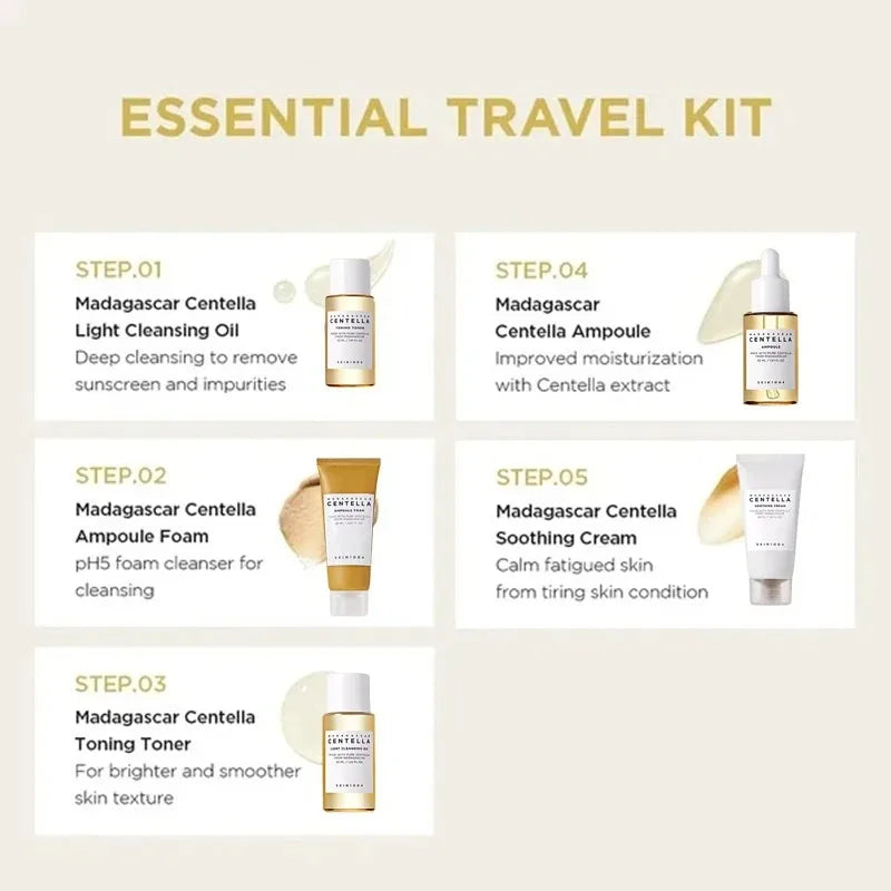 SKIN1004 Korean Centella Travel Kit 5 buc – Toner, Ampoule, Cremă Calmantă, Ulei Demachiant & Spumă | Set Cadou Skincare Coreean