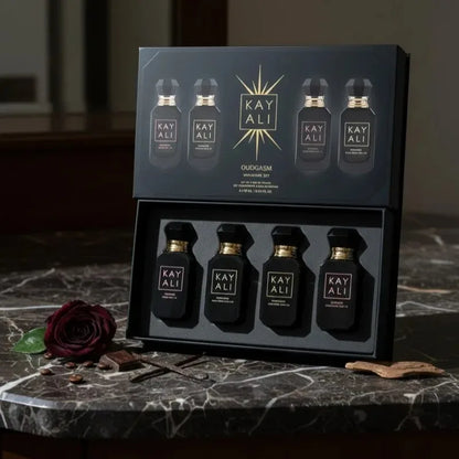 KAYALI Set Cadou 4×10ml – Oudgasm Oud & Vanilla | 2 Seturi de Ales