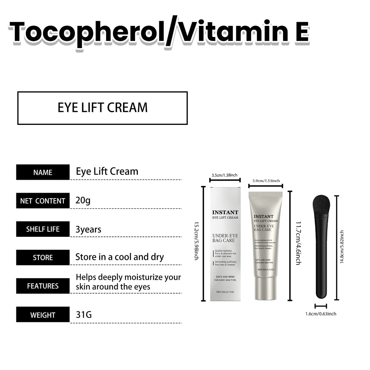 Hoygi Instant Eye Care Cream cu Pensula – Acid Hialuronic, Retinol, Colagen, Vitamina E | Anti-Rid, Puffiness & Cerculețe | Unisex