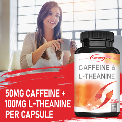 Caffeine & L-Theanine Capsules - Enhances Energy Levels, Focus and Concentration - 120 Capsules