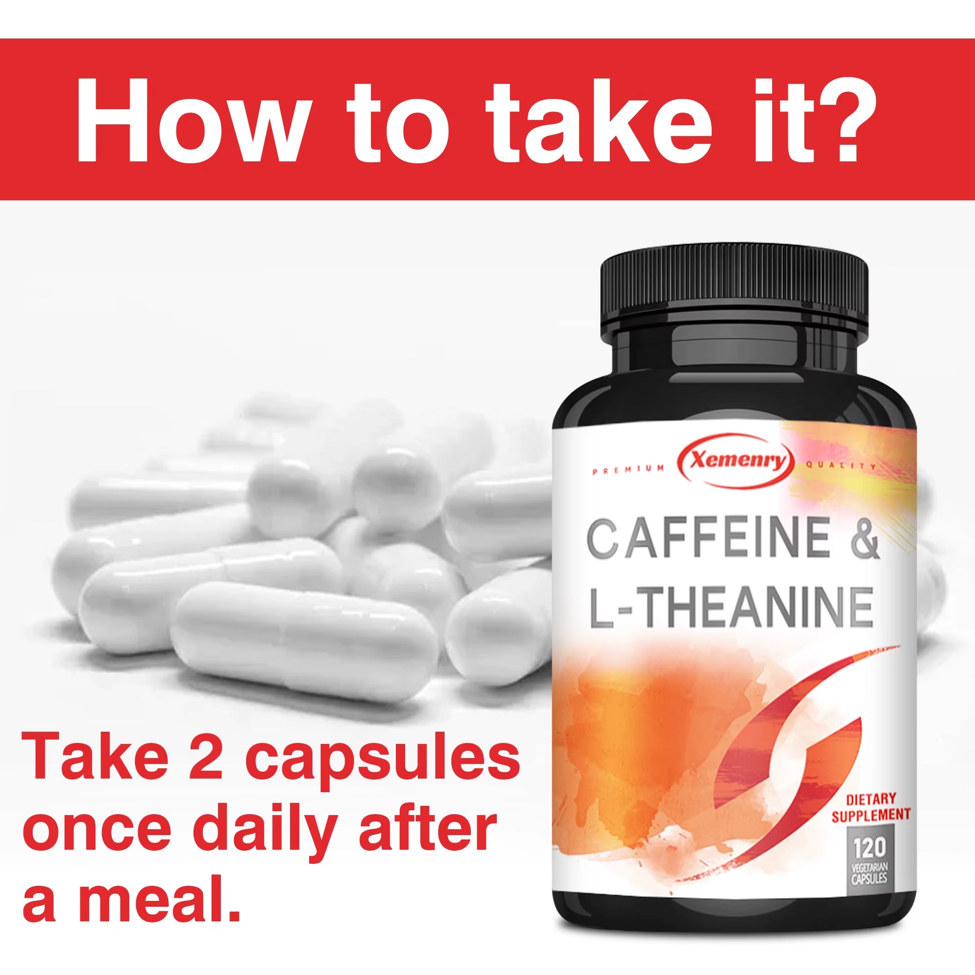 Caffeine & L-Theanine Capsules - Enhances Energy Levels, Focus and Concentration - 120 Capsules
