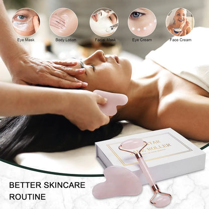 Natural Jade Facial Roller & Gua Sha Massage Tool for Face, Neck, Eyes - Reduce Puffiness & Refresh Skin