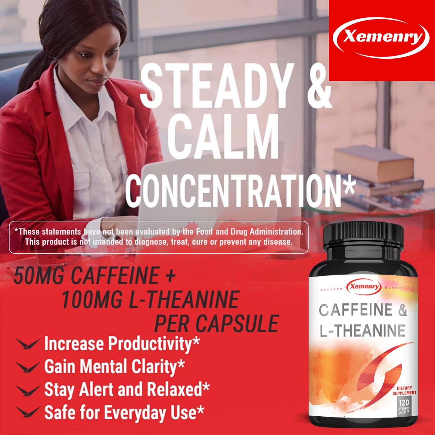 Caffeine & L-Theanine Capsules - Enhances Energy Levels, Focus and Concentration - 120 Capsules