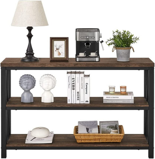 Rustic Industrial Sofa Table with Shelves – 47” Living Room Accent Table