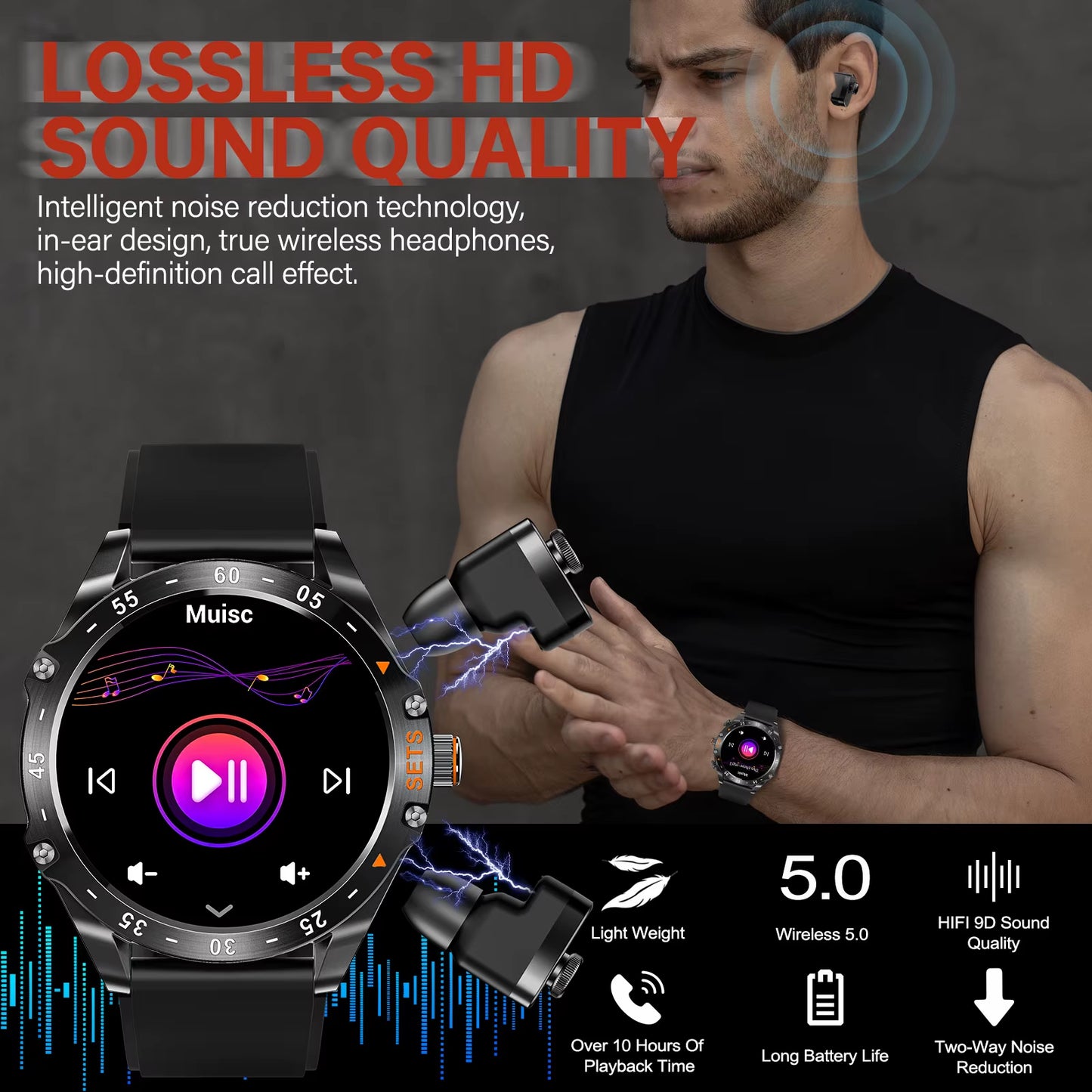 New Smart Watches for Men with Earbuds inside with 100+ Sport Modes and Sport Records Waterproof with Iphone and Android