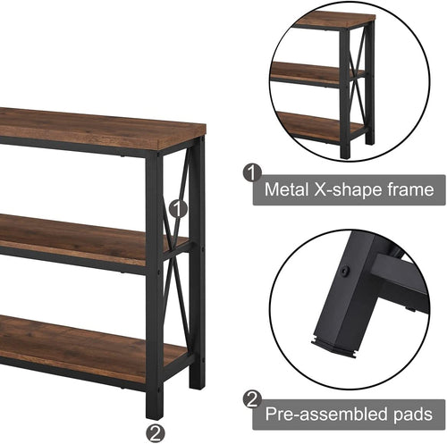 Rustic Industrial Sofa Table with Shelves – 47” Living Room Accent Table