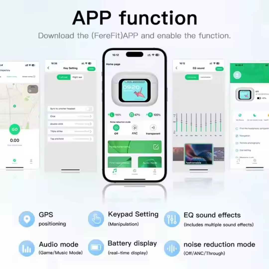 Wireless Earphone with Touchscreen Display Charging Case ANC & Encdual Mic Stereo Sound Earbuds In-Ear Detection Ear Bud